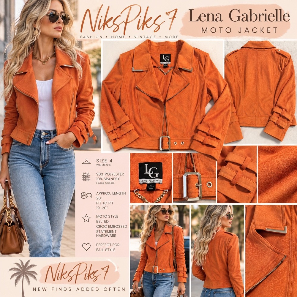 Lena Gabrielle Size 4 Orange Faux Suede Moto Jacket Croc Embossed Belted